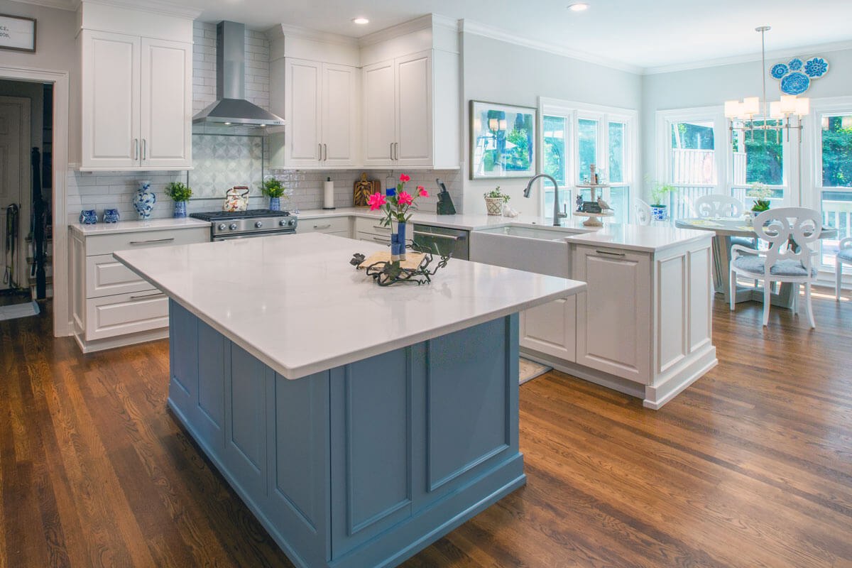 Cheryl Pett Designs: Farm Sink and Wolf Range in Stunning Transitional Kitchen Remodel with Blue Island